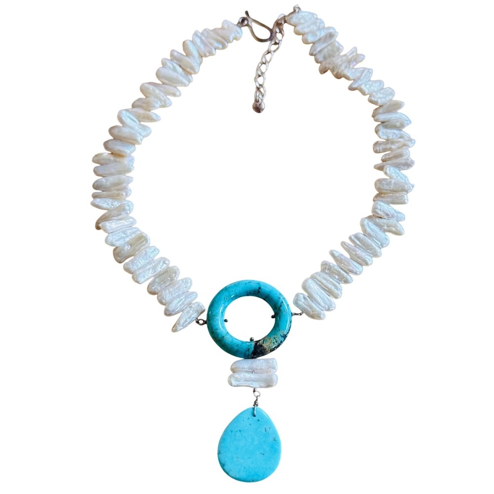 Jay‎ King DTR Dessert Rose trading Necklace Turquoise Keshi Pearl beads Sterling